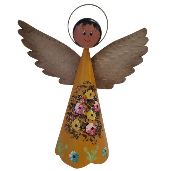 Metal Angel Tree Topper Christmas Hand Painted Colorful Wings Made in Mexico - Picture 1 of 9